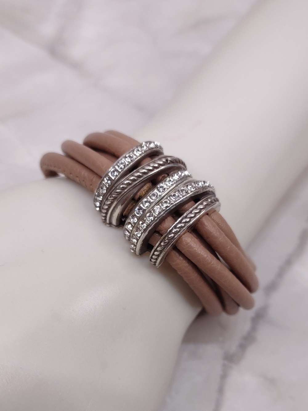 Brighton Neptune's Taupe Multi-Strand Leather Bracelet with Crystal Silver Rings